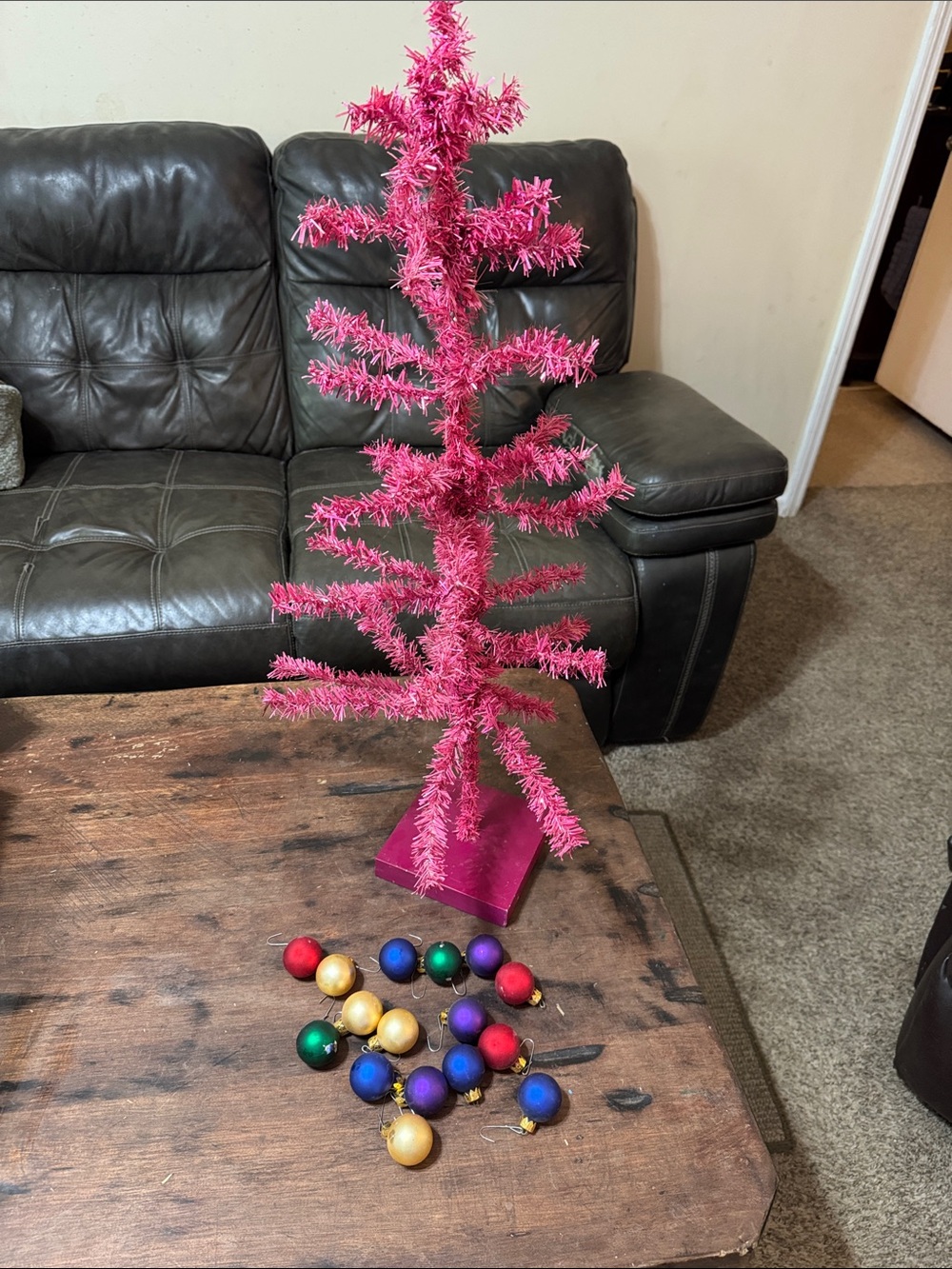 GUC Pink Tinsel Tabletop Christmas Tree with Colorful Ornaments